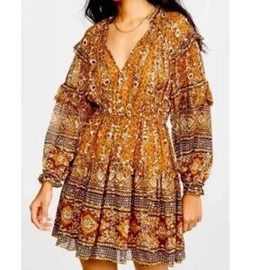 House of Harlow 1960 Mustard & Brown Boho Mini Ruffled Long Sleeve Dress Size M